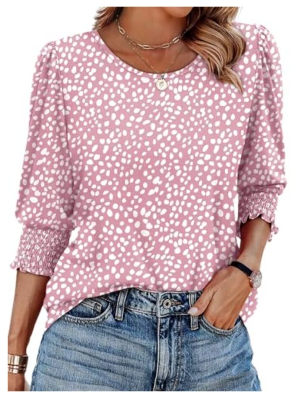 Womens Dressy Casual Blouse with Smocked Cuffs 3/4 Sleeve Loose Fit